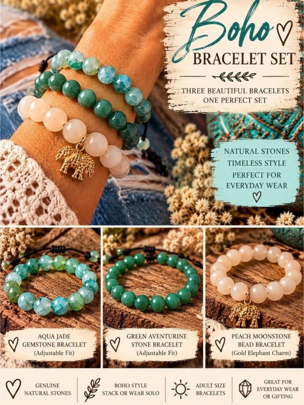 Boho Bracelet Set in Green & Cream